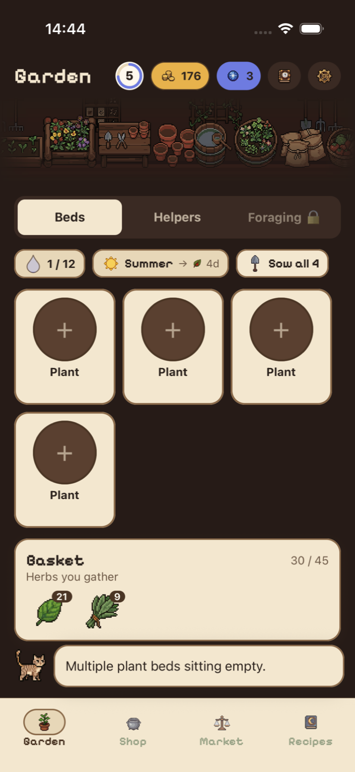 The Garden: four beds ready to plant, a basket of gathered herbs, and Sage the cat